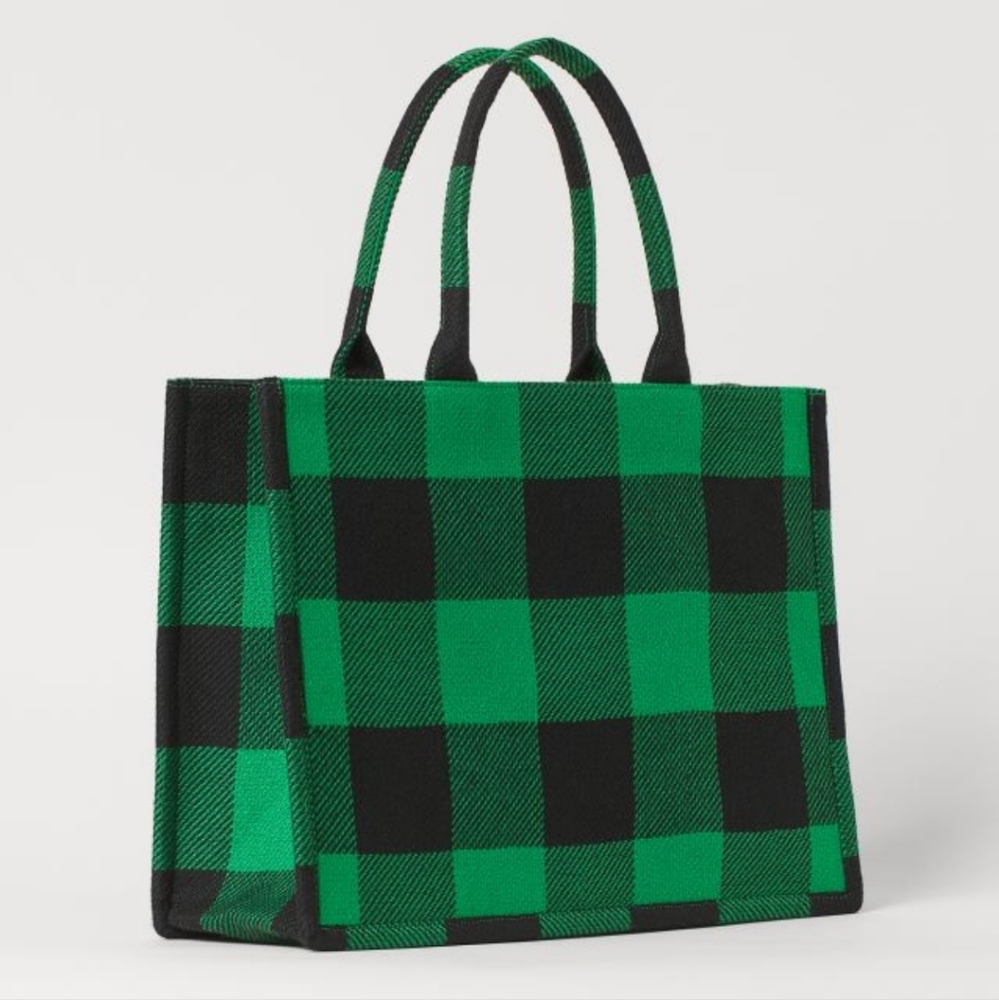 H&M Jacquard Weave Plaid Check Double Handle Tote Bag Green